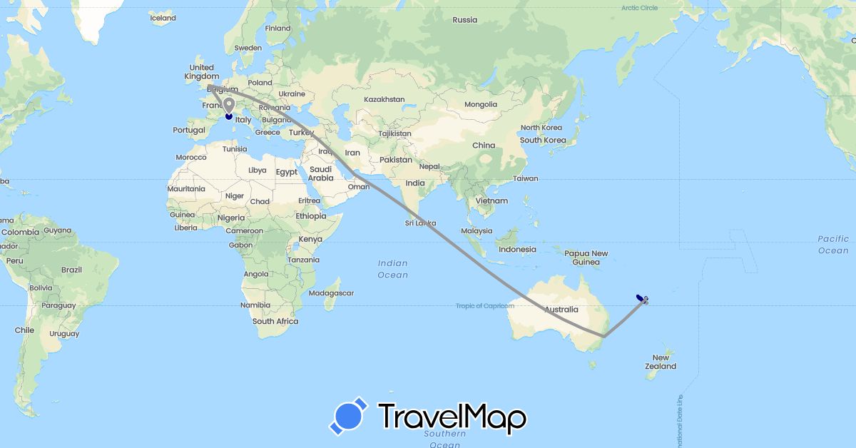 TravelMap itinerary: driving, plane, boat, motorbike in United Arab Emirates, Australia, France, United Kingdom, New Caledonia (Asia, Europe, Oceania)